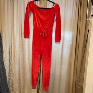 Fashion Nova XS Vibrant Red Velour Long Sleeve Off Shoulder Jumpsuit Skinny Leg